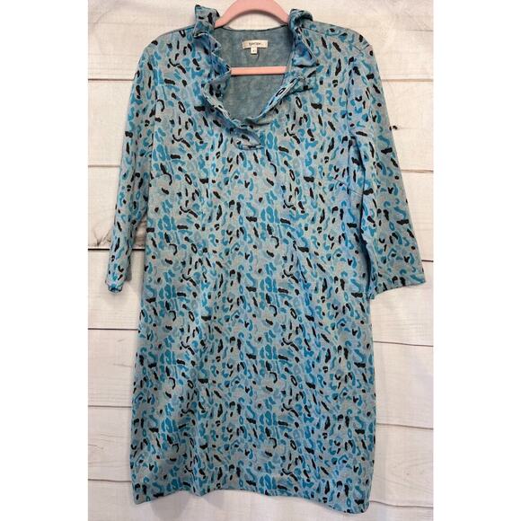 Tyler Boe Blue Animal Print Ruffle Collar Size LG Preppy Chic Dress - Picture 1 of 6